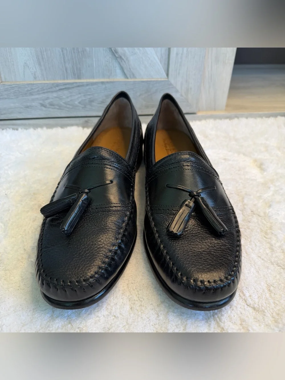 Brass Boot Loafers Black Leather Tassel Moc Round Toe Shoes Size 11.5